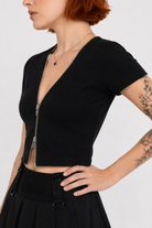 Crimson Goth Zipper V-Neck Top short sleeve black