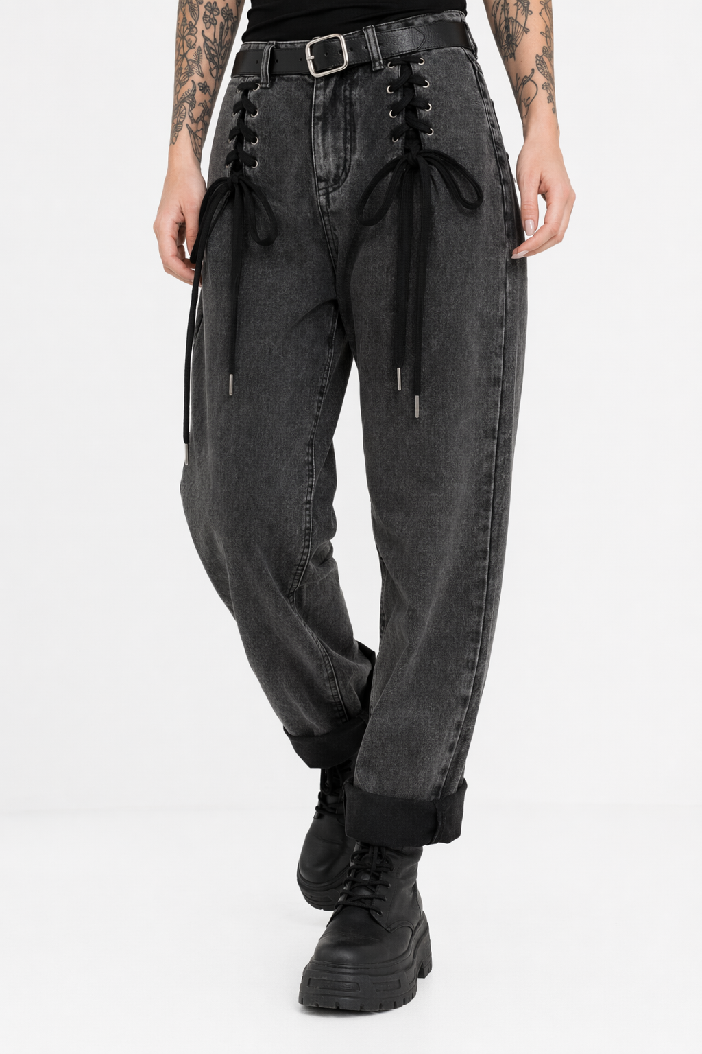 Black Lace-Up Denim Pants Black gray