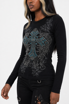 Rhinestone Cross Grunge Top Long Sleeve