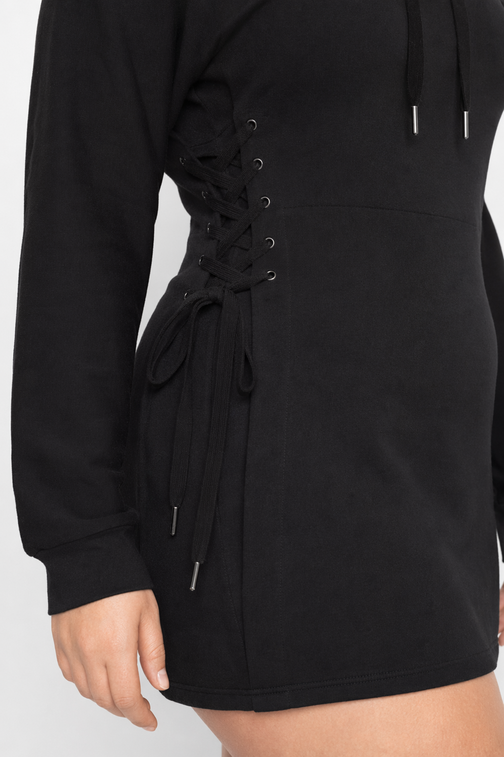 Dark lace-up hooded dress Black