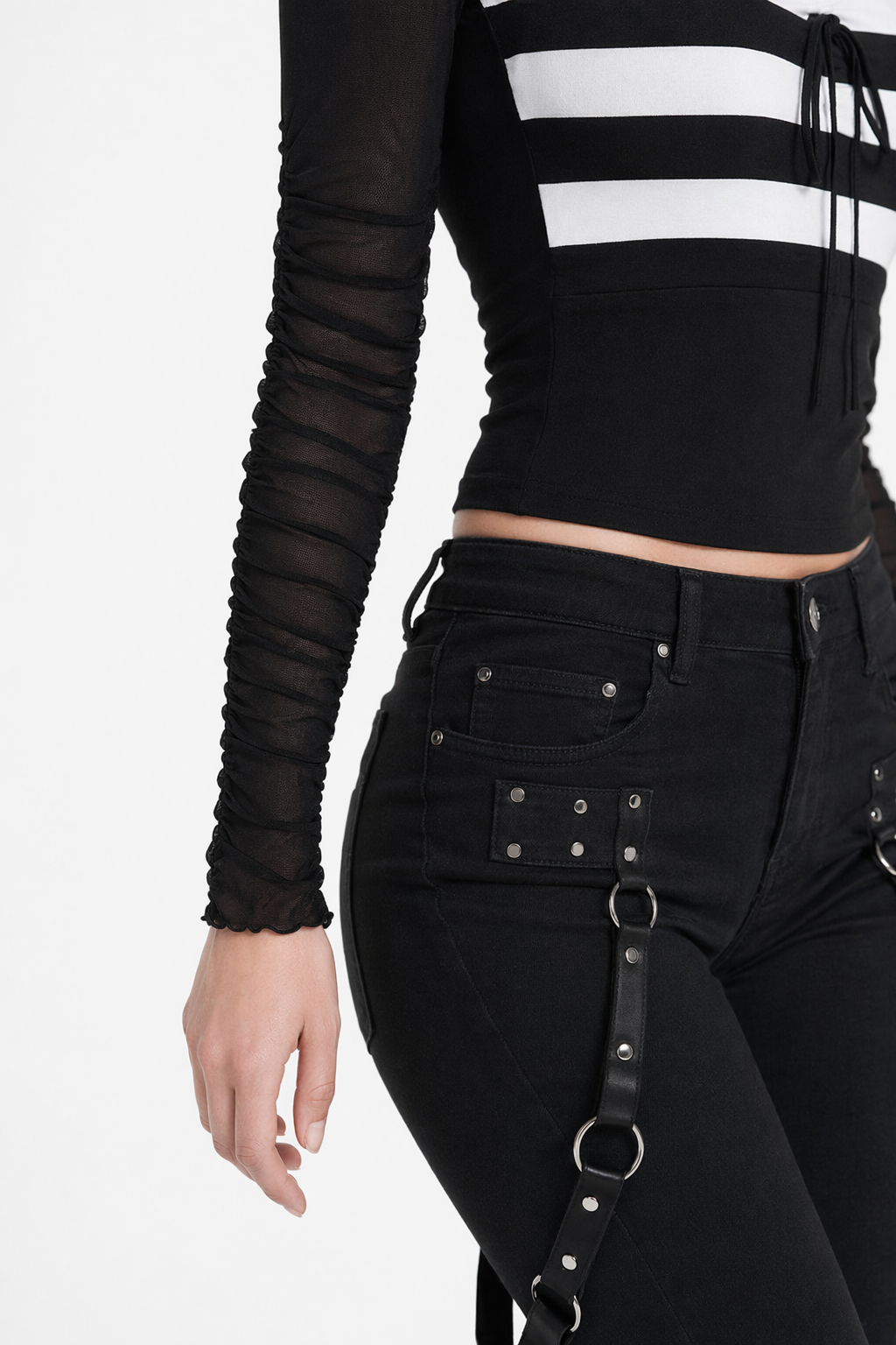 Black & White Lace-up Top Black