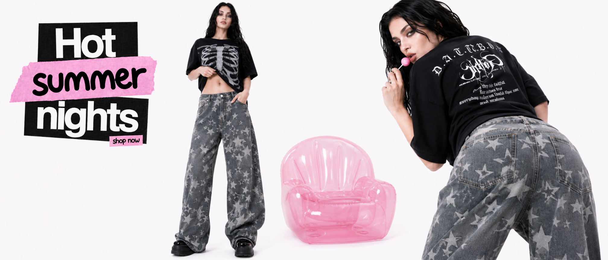A fashion promotional image showing a model in two poses wearing a black graphic t-shirt and gray star-patterned wide-leg pants, alongside a pink inflatable chair and a 'Hot summer nights' text graphic on a white background.