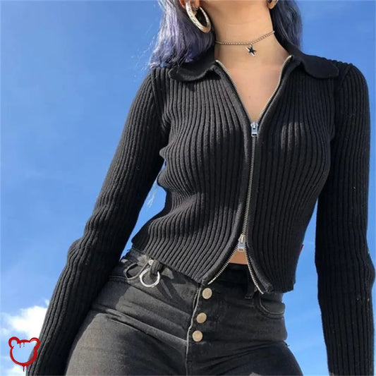 Black Alt Grunge Ribbed Zip Top One Size / Lavender Clothing