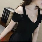 Black Bow Open Shoulder Dress Black / Xl Clothing