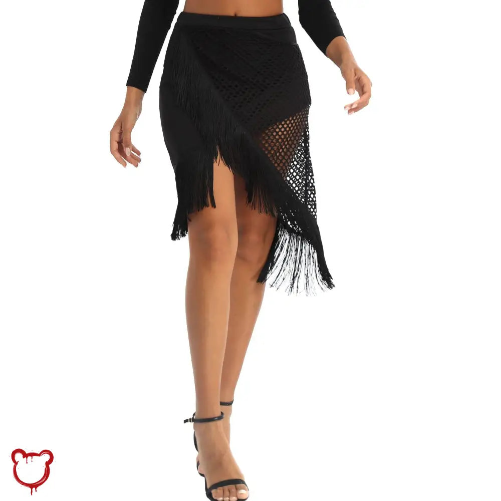 Black Fishnet Fringe Skirt Clothing