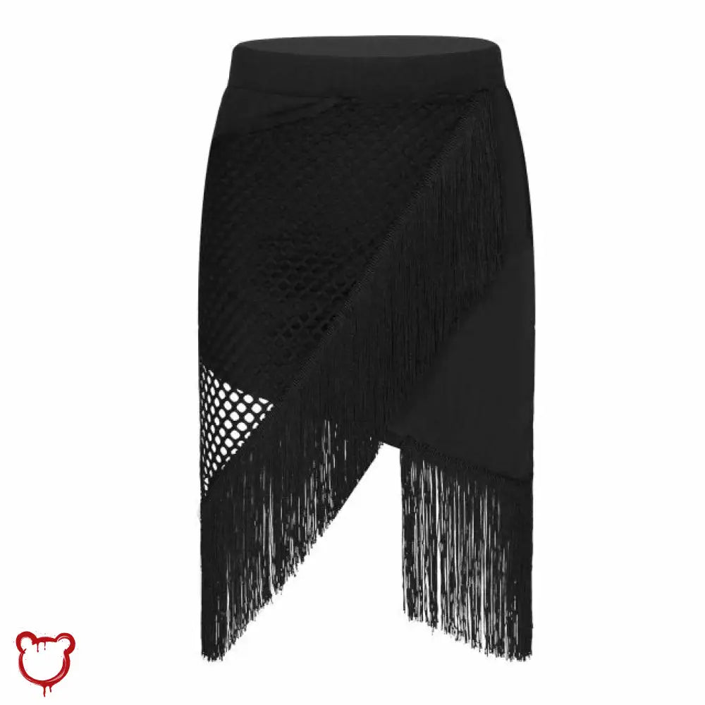 The Cursed Closet 'Temptress' Black fringe tassle fishnet skirt at $34.99 USD