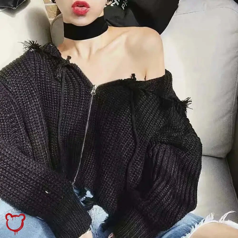 Black Frayed Crop Hoodie Sweater' - The Cursed Closet