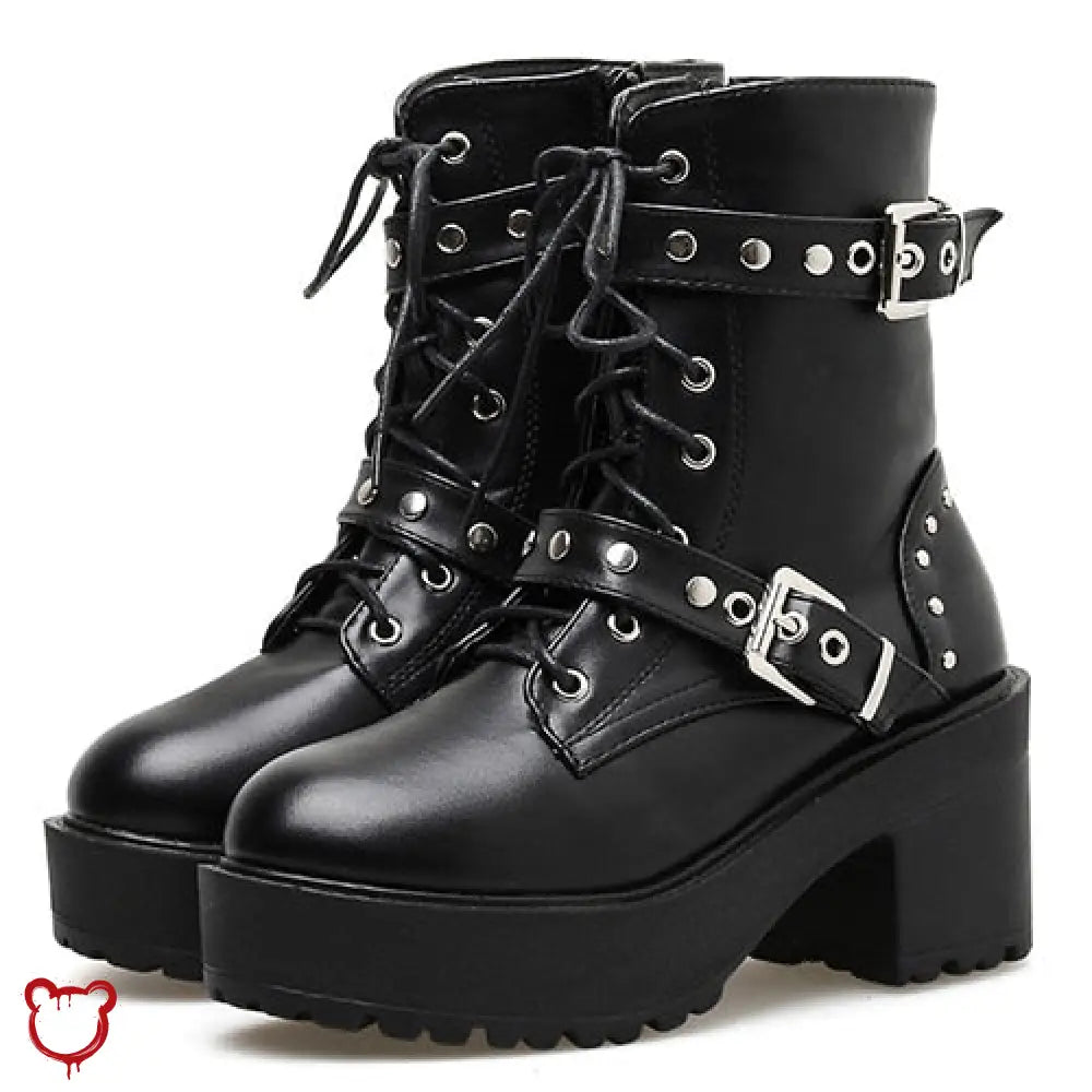 The Cursed Closet 'Night Fall' Black lace up stud buckle boots at $59.99 USD