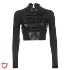 Black Gothic Faux Leather Patchwork Top Clothing