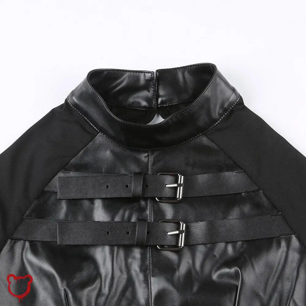 Black Gothic Faux Leather Patchwork Top Clothing