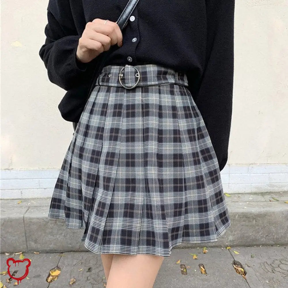 Black Grey Plaid Skirt / L Clothing