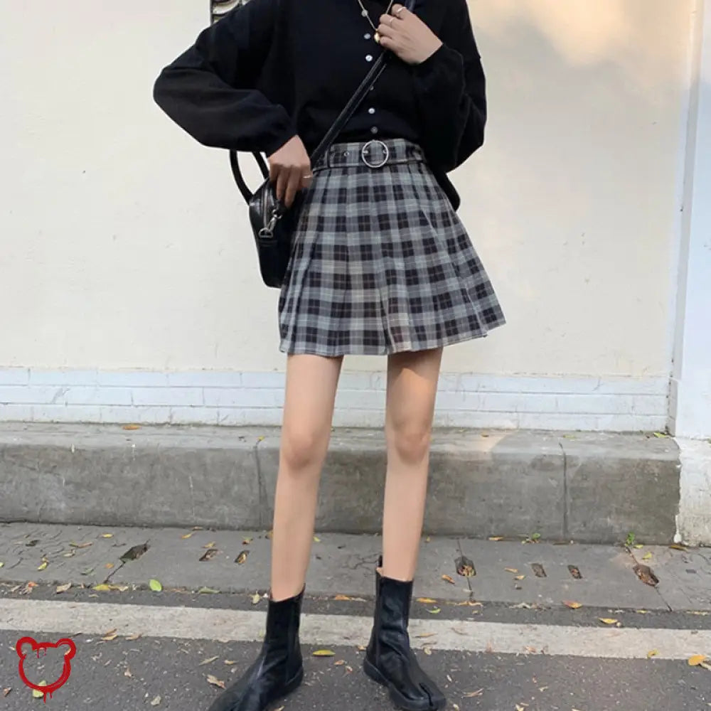 Black Grey Plaid Skirt / S Clothing