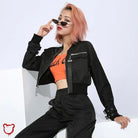 The Cursed Closet 'Bombshell' Black buckle bomber jacket at $38.99 USD