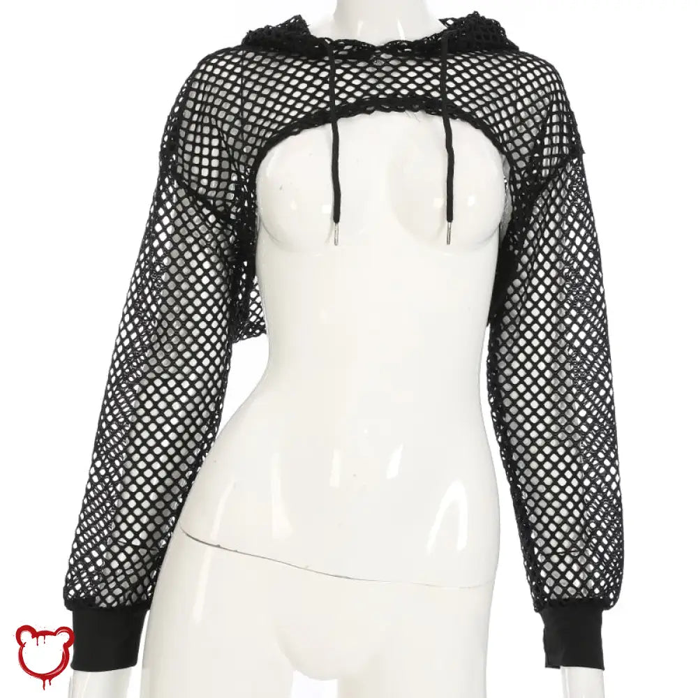 "Black Grunge Fishnet Hooded Crop Top" - The Cursed Closet