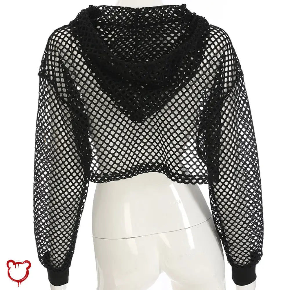 Black Grunge Fishnet Hooded Crop Top Clothing