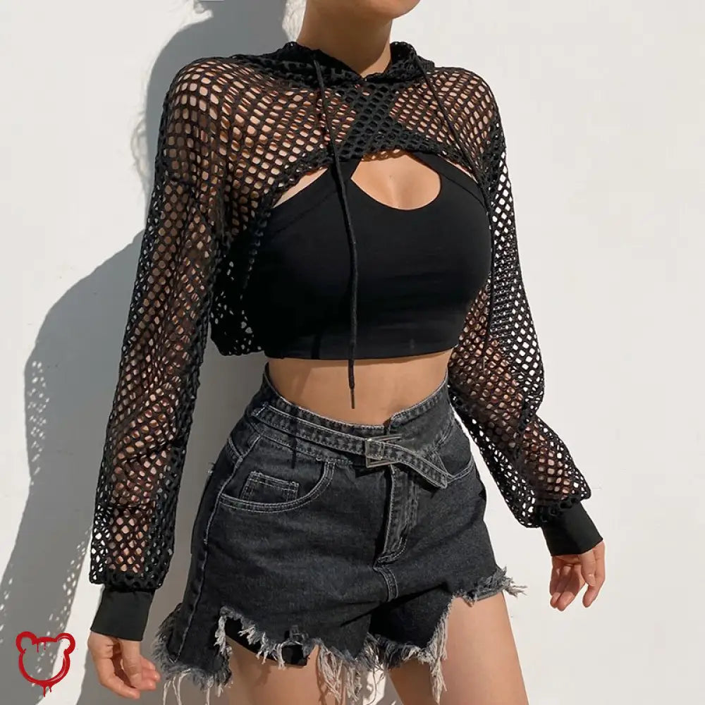 Black Grunge Fishnet Hooded Crop Top Clothing