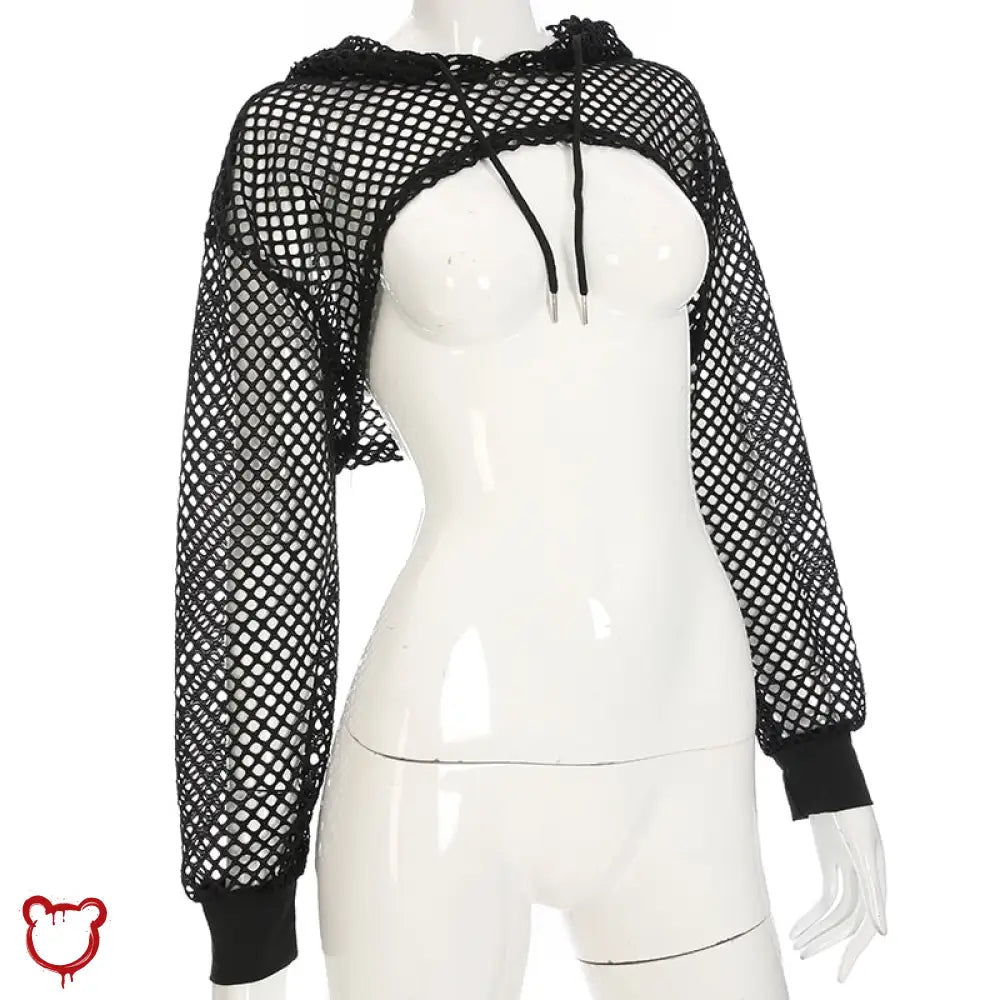 "Black Grunge Fishnet Hooded Crop Top" - The Cursed Closet