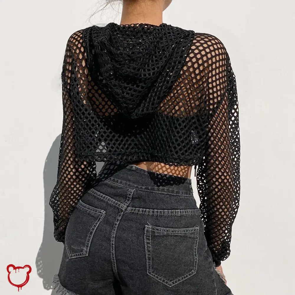 Black Grunge Fishnet Hooded Crop Top Clothing