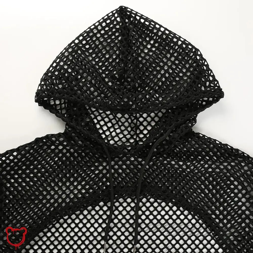 "Black Grunge Fishnet Hooded Crop Top" - The Cursed Closet