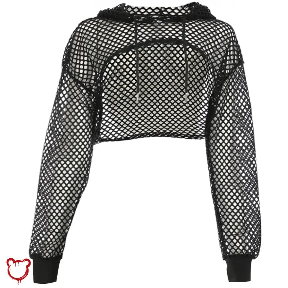 "Black Grunge Fishnet Hooded Crop Top" - The Cursed Closet