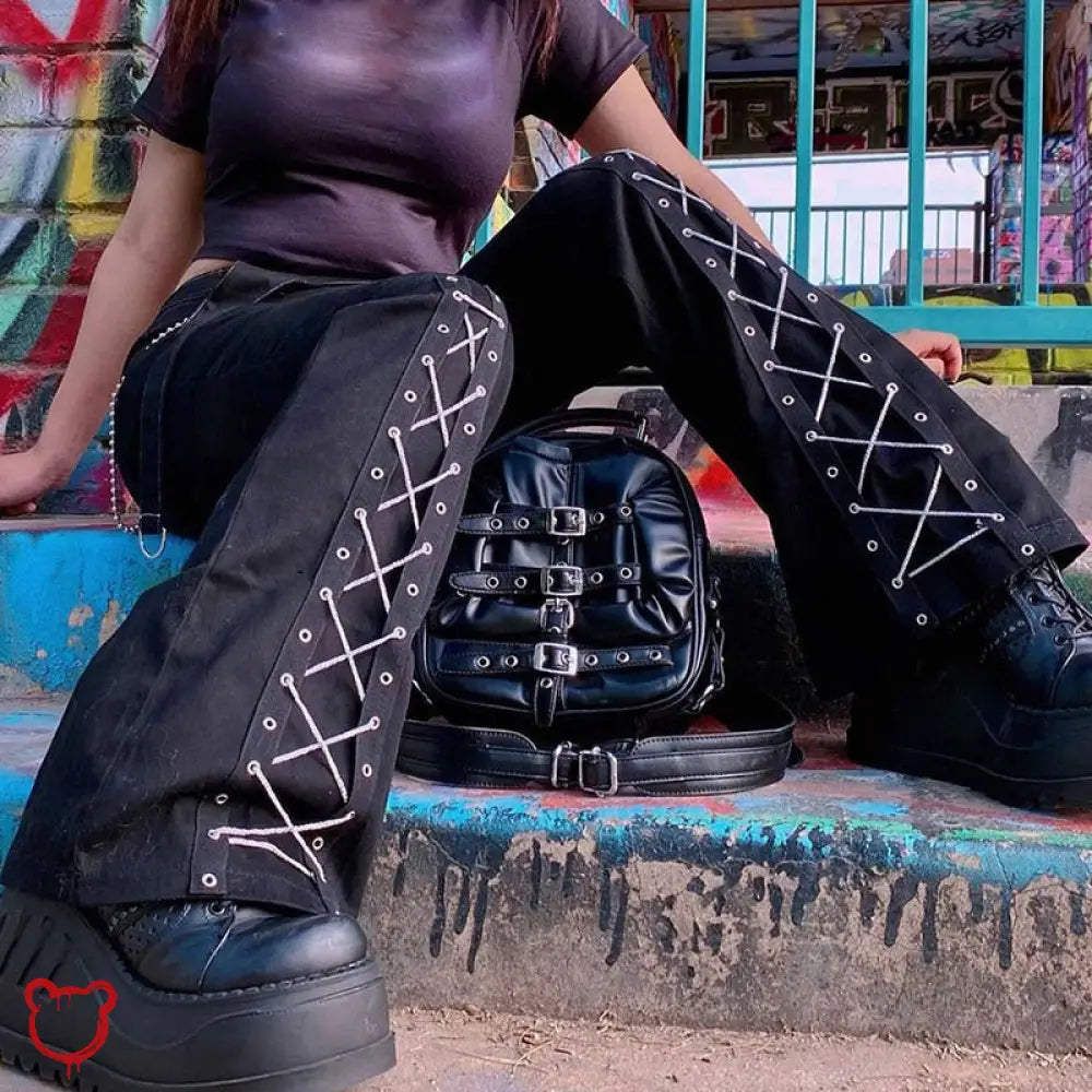 Black Grunge Lace Up Pants Black / L Clothing