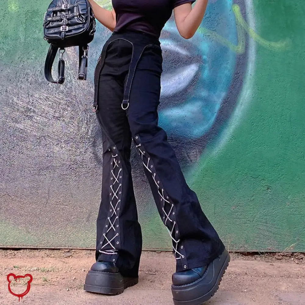 Black Grunge Lace Up Pants Black / M Clothing