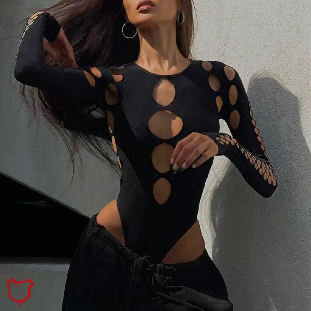 Black Hollow Out Bodysuit Clothing