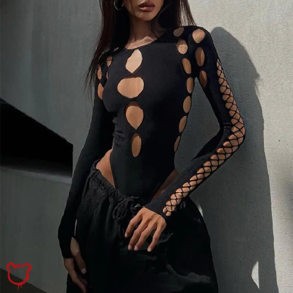 Black Hollow Out Bodysuit Black / S Clothing