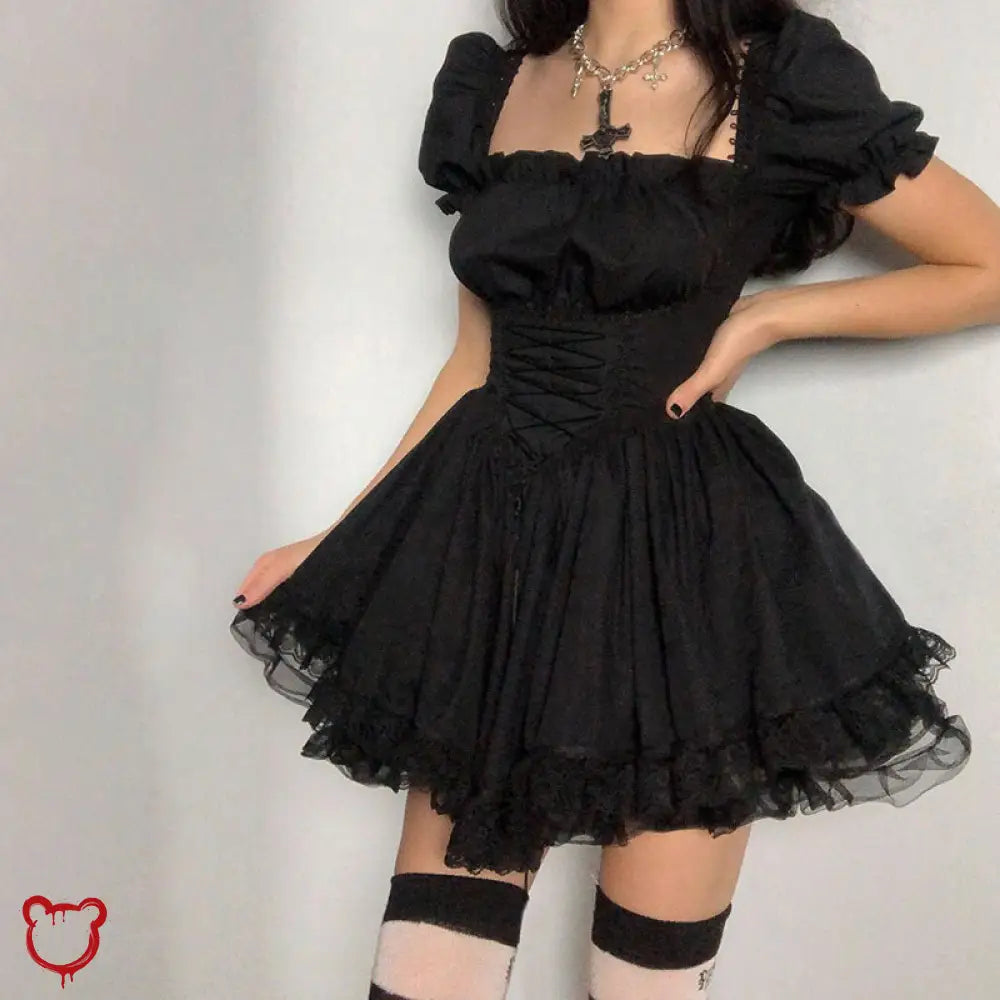 Black Lace Puff Dress Clothing