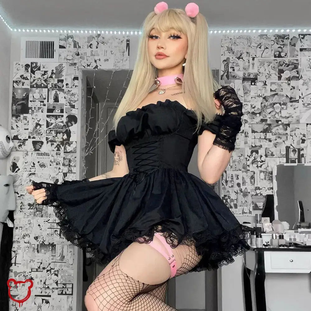 Black Lace Puff Dress Clothing