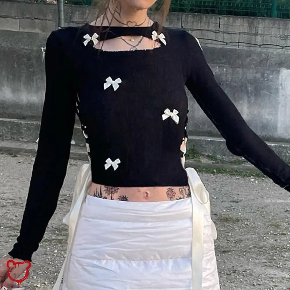 Black Lace - Up Bow Crop Top - The Cursed Closet