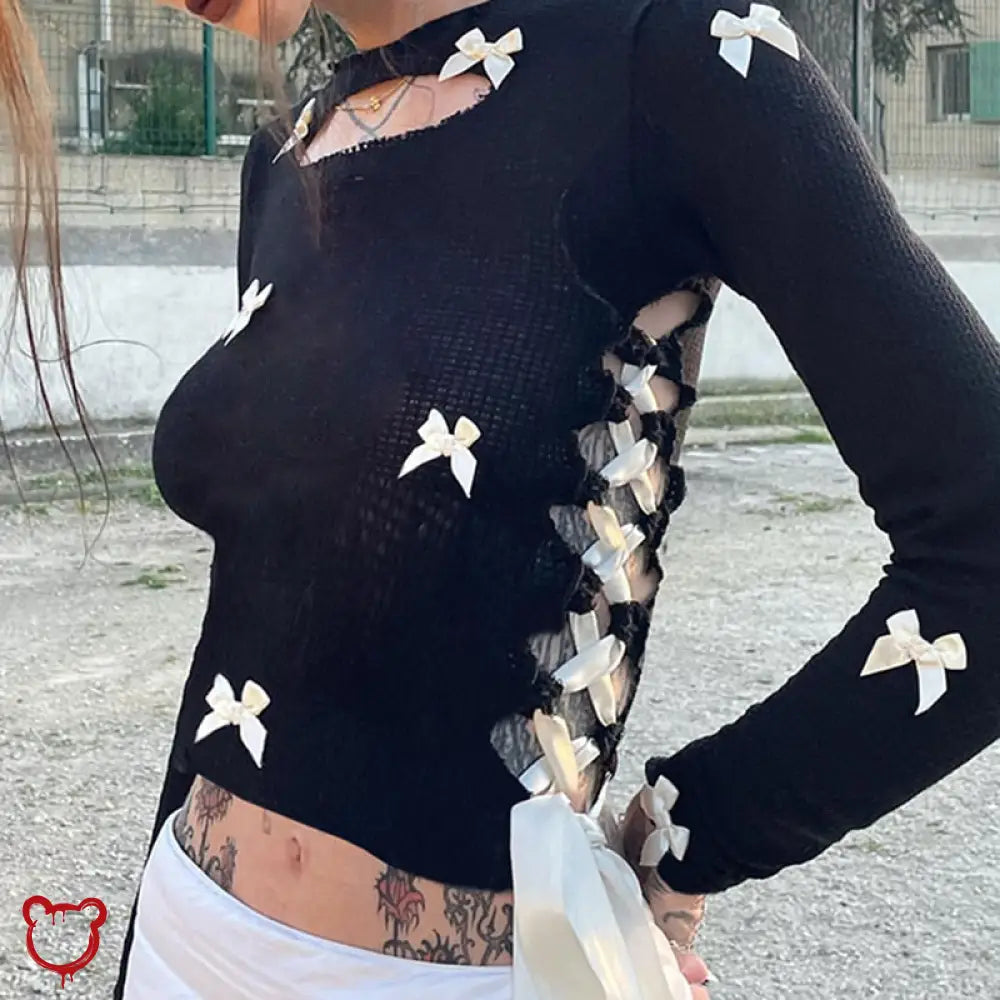 Black Lace-Up Bow Crop Top Clothing