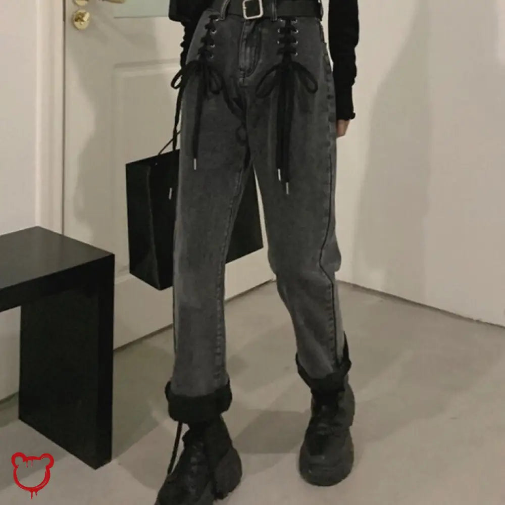 Black Lace-Up Denim Pants Gray / S Clothing
