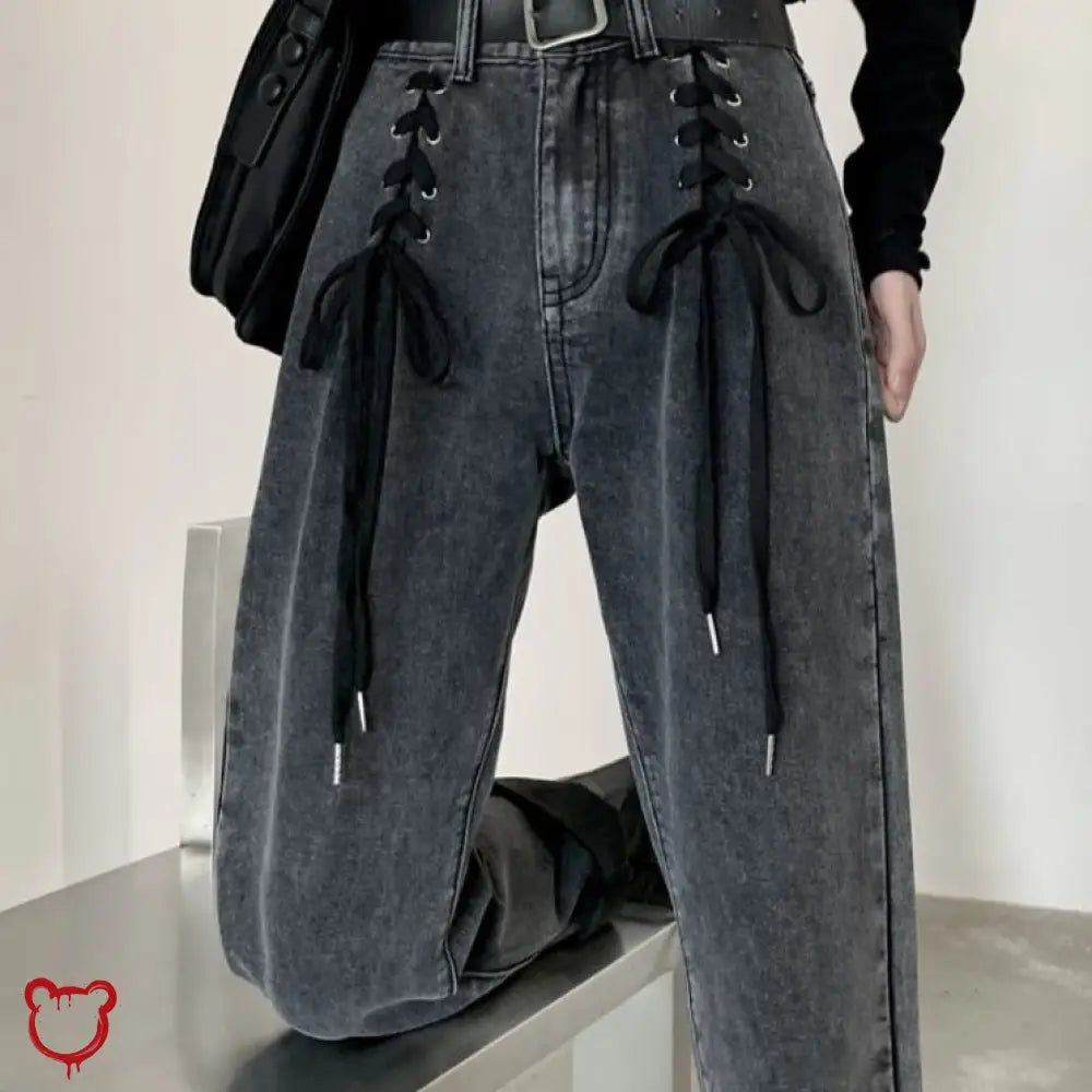 Black Lace-Up Denim Pants Gray / Xs Clothing