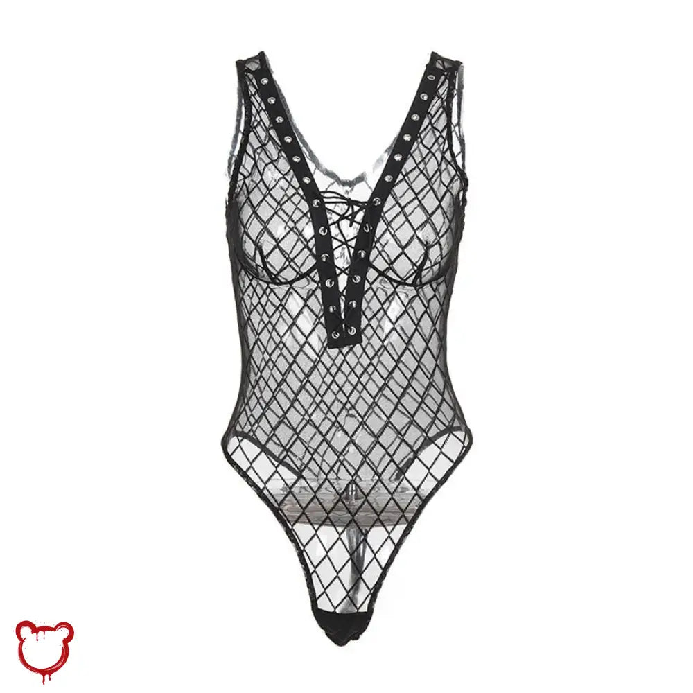 Black Lace-Up Fishnet Bodysuit / S Clothing