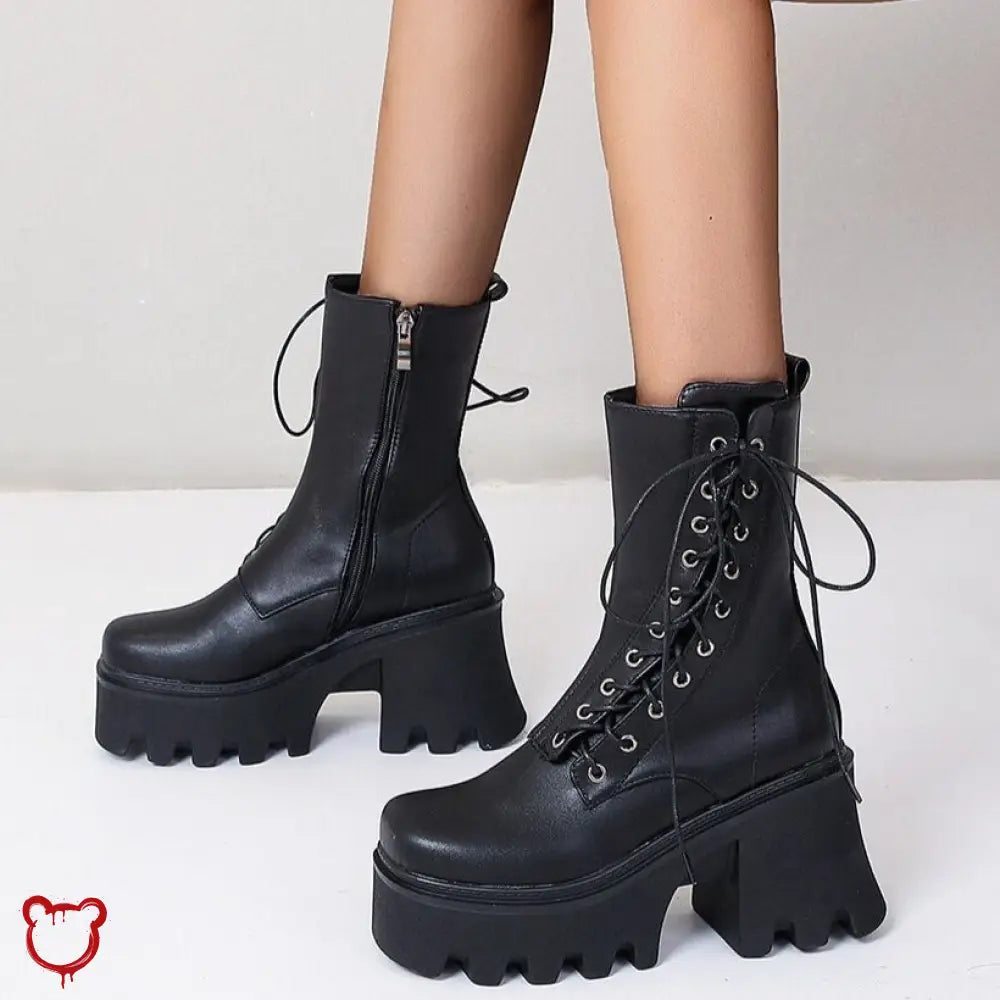 Black Lace-Up Pu Leather Boots Footwear