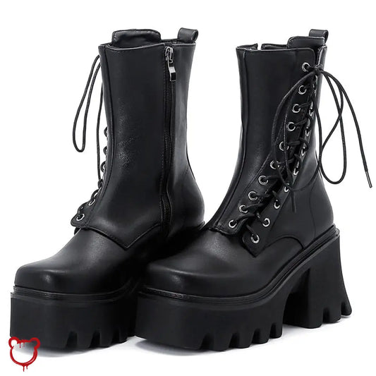 Black Lace-Up Pu Leather Boots Footwear