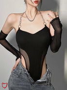 Black Mesh Chain Halter Bodysuit Clothing