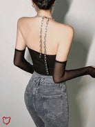 Black Mesh Chain Halter Bodysuit Clothing