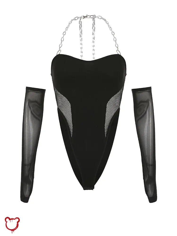 Black Mesh Chain Halter Bodysuit Clothing