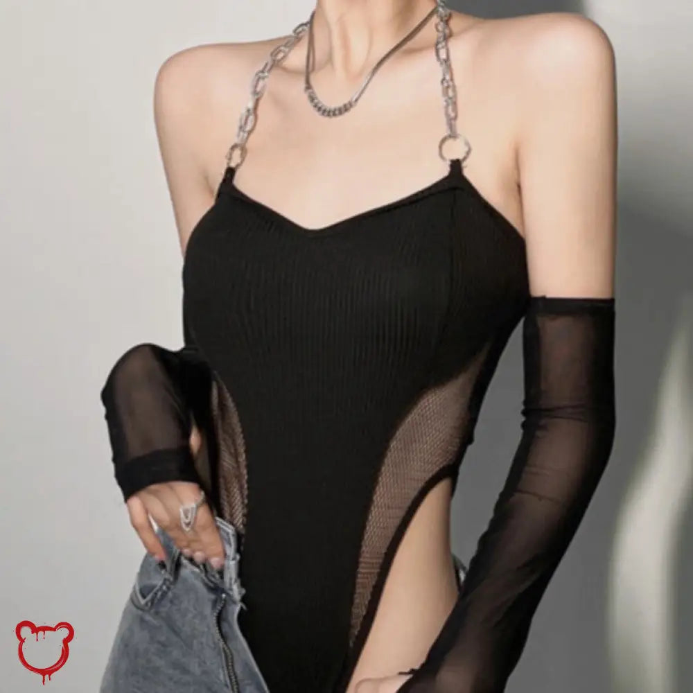 Black Mesh Chain Halter Bodysuit / S Clothing