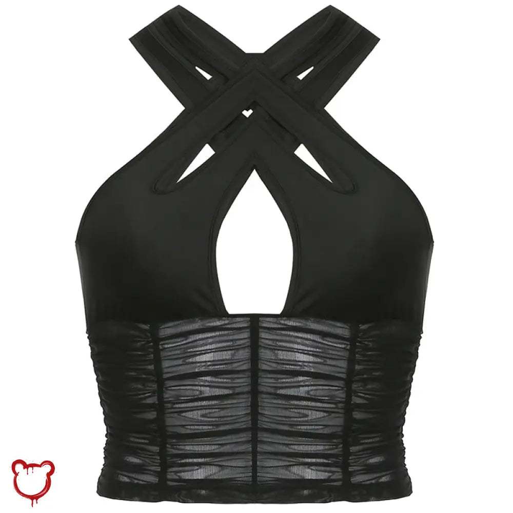 Black Mesh Halter Top / L Clothing