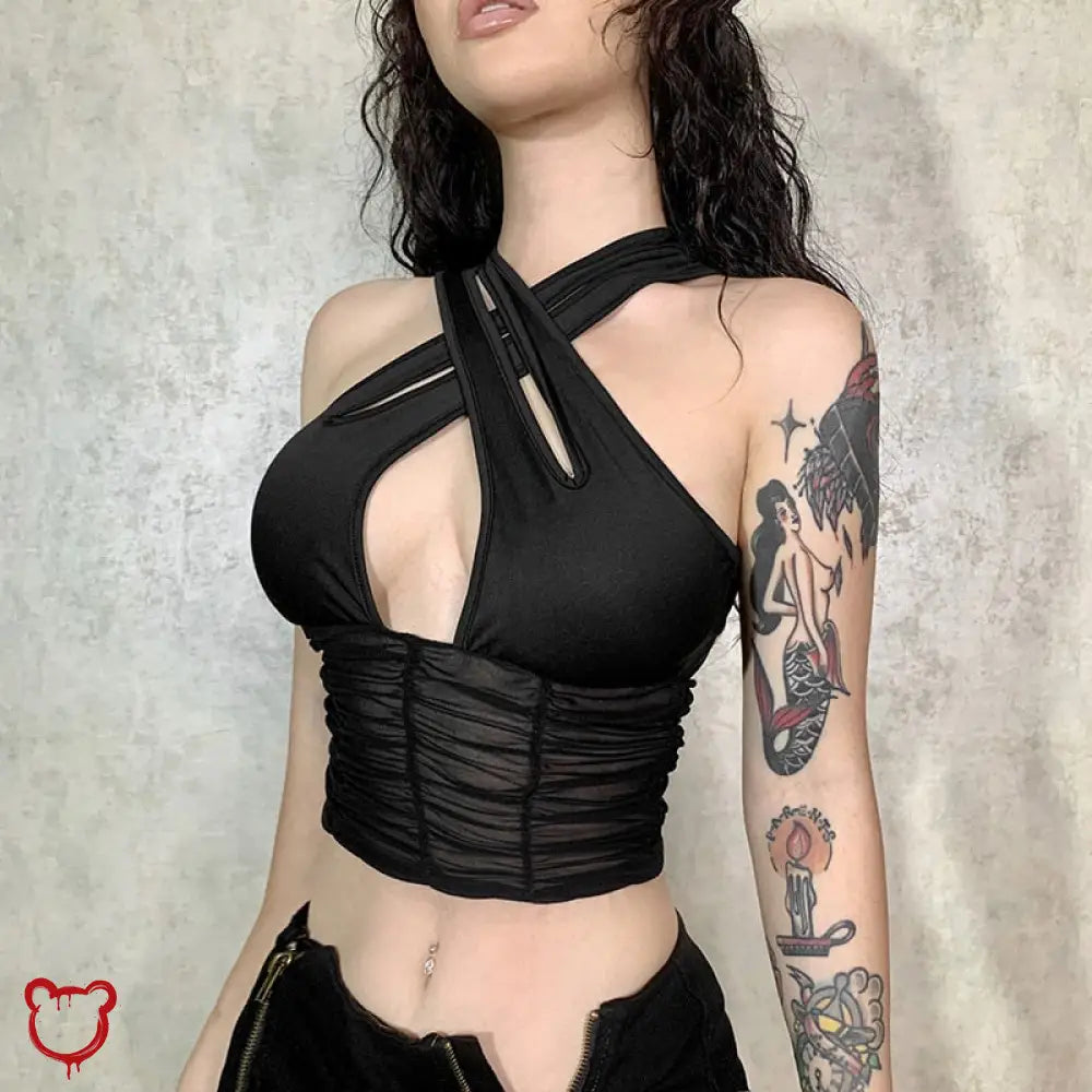 Black Mesh Halter Top / M Clothing