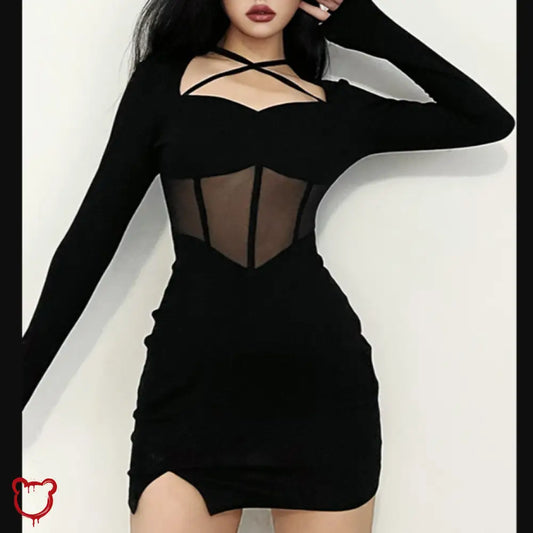 Black Mesh Patchwork Dress / S Clothing