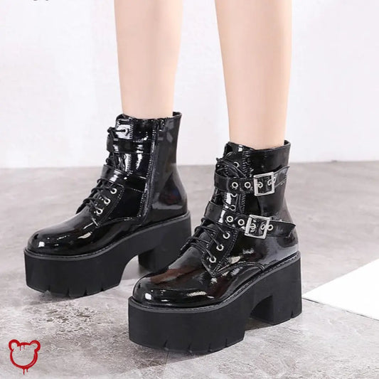 Black Patent Buckle Goth Boots Black Shoes / 35 Clothing