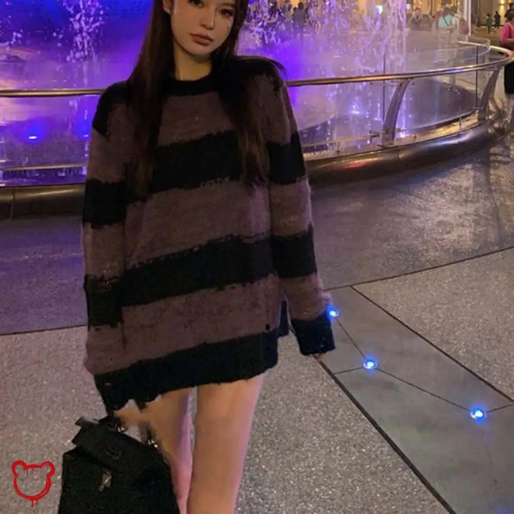 Black Purple Grunge Striped Sweater Clothing