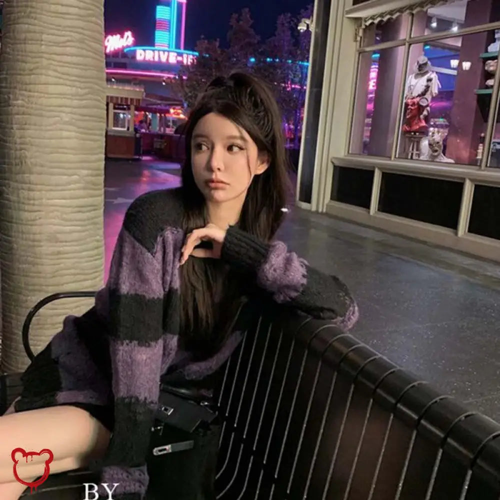 Black Purple Grunge Striped Sweater Clothing