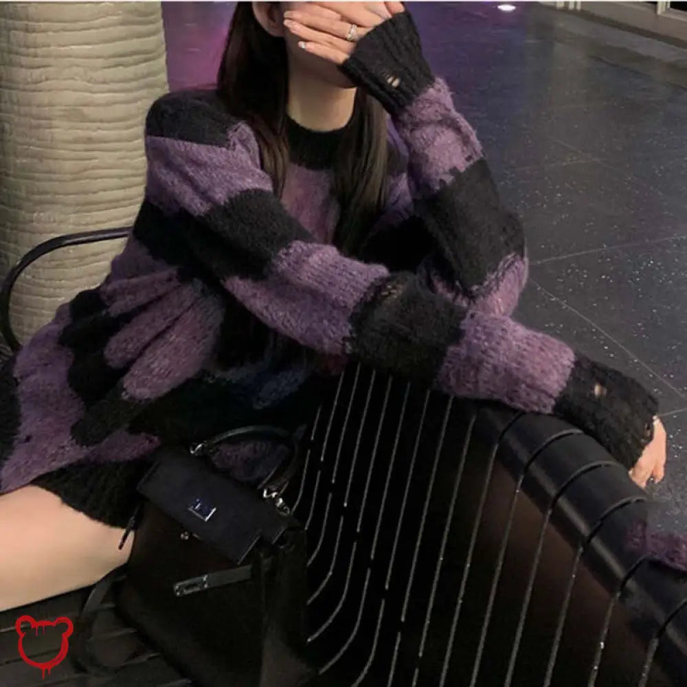 Black Purple Grunge Striped Sweater / S Clothing