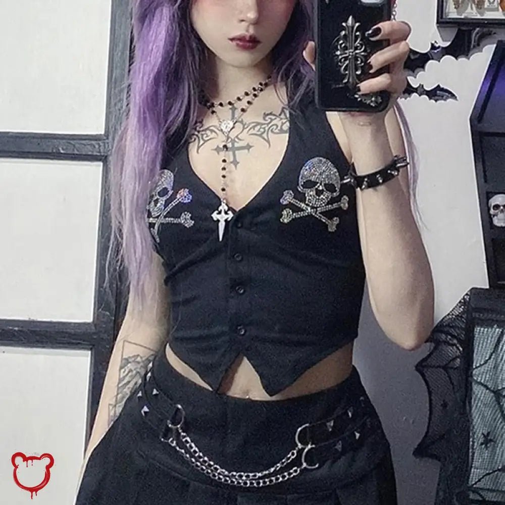 Black Rhinestone Skull Crop Top - The Cursed Closet