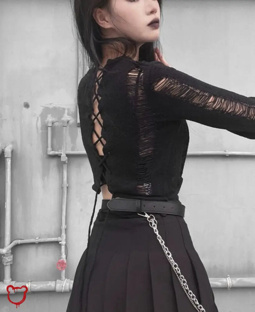 Black Ripped Knit Sweater - Fairytale L Clothing